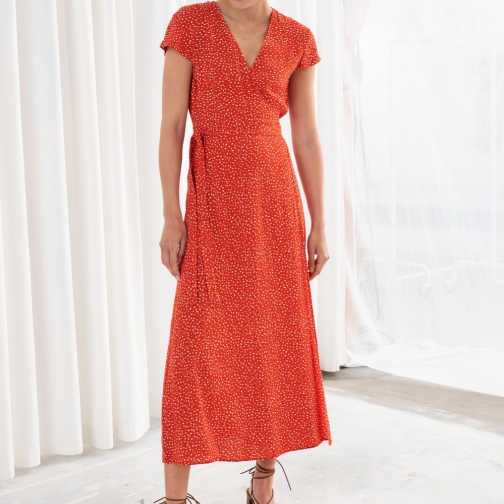 & other stories polka dot red wrap dress